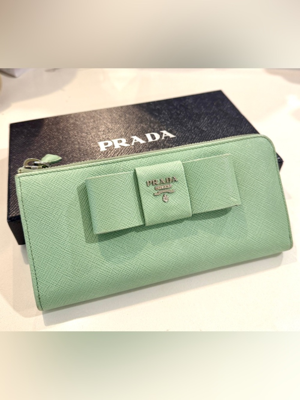 Prada Mint Green Saffiano Leather Bow Zip Wallet with Box and COA
